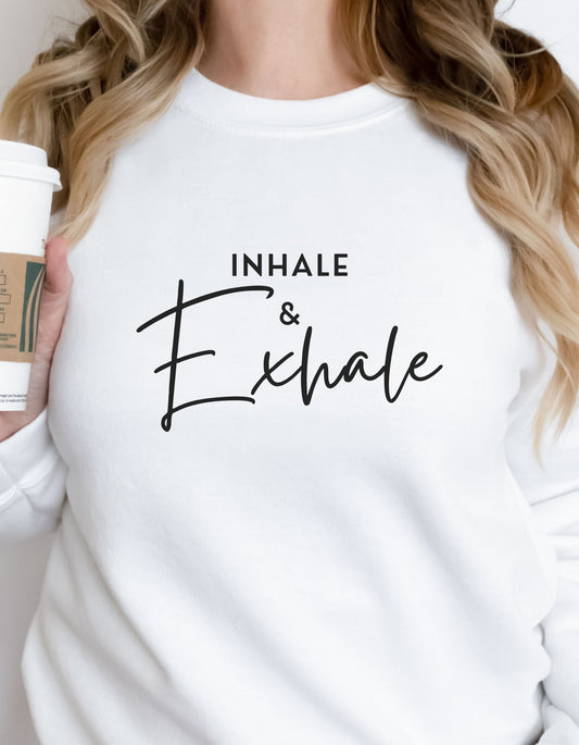 Inhale & Exhale crewneck sweatshirt. Ideal for any situation. Perfect for everyday wear and comfort. 50% cotton, 50% polyester. Medium-heavy fabric . Loose fit. Unisex sizing. 